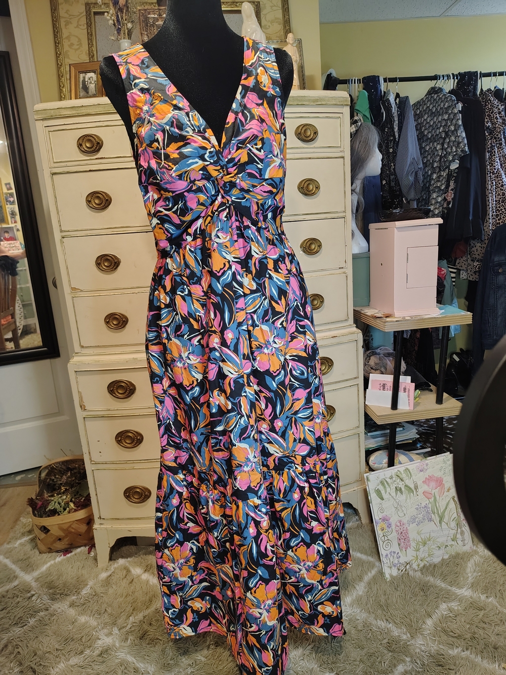 French Connection Maxi Dress with Pink, Orange Blue Floral Print 100% Cotton